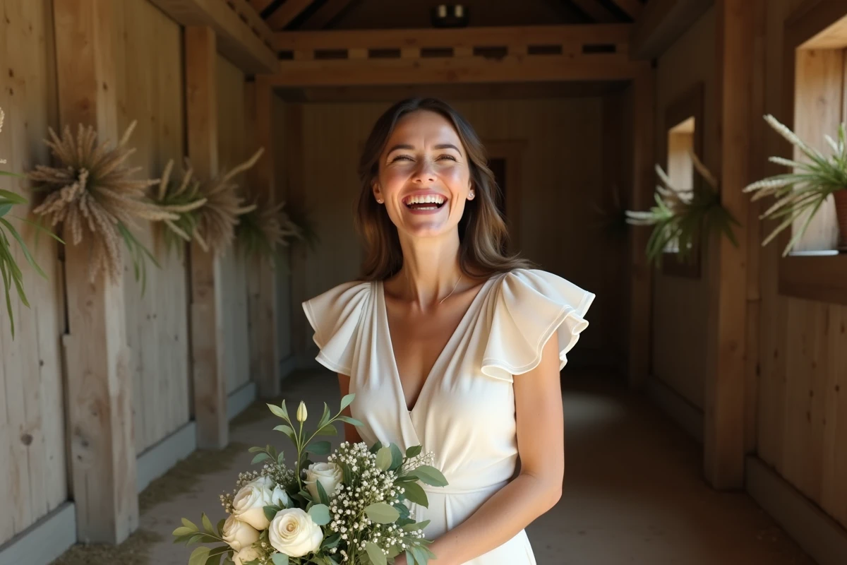 Mariée souriante en robe courte en mousseline dans une grange rustique avec bouquet de roses blanches