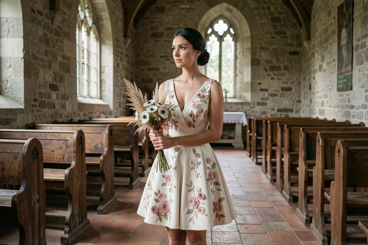 Mariée en robe courte originale avec appliqués floraux posant dans une chapelle en pierre de campagne française