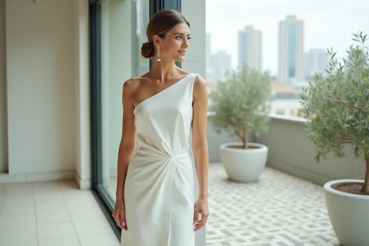 Mariée moderne en robe courte blanche minimaliste sur un rooftop urbain avec jardin de terrasse