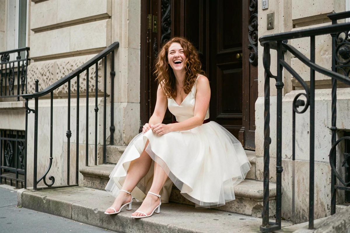 Jeune mariée en robe courte en satin et tulle assise sur les marches d'un immeuble haussmannien parisien