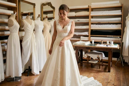 Mariée portant une robe de créateur en soie ivoire dans un atelier de haute couture parisien avec dentelle artisanale