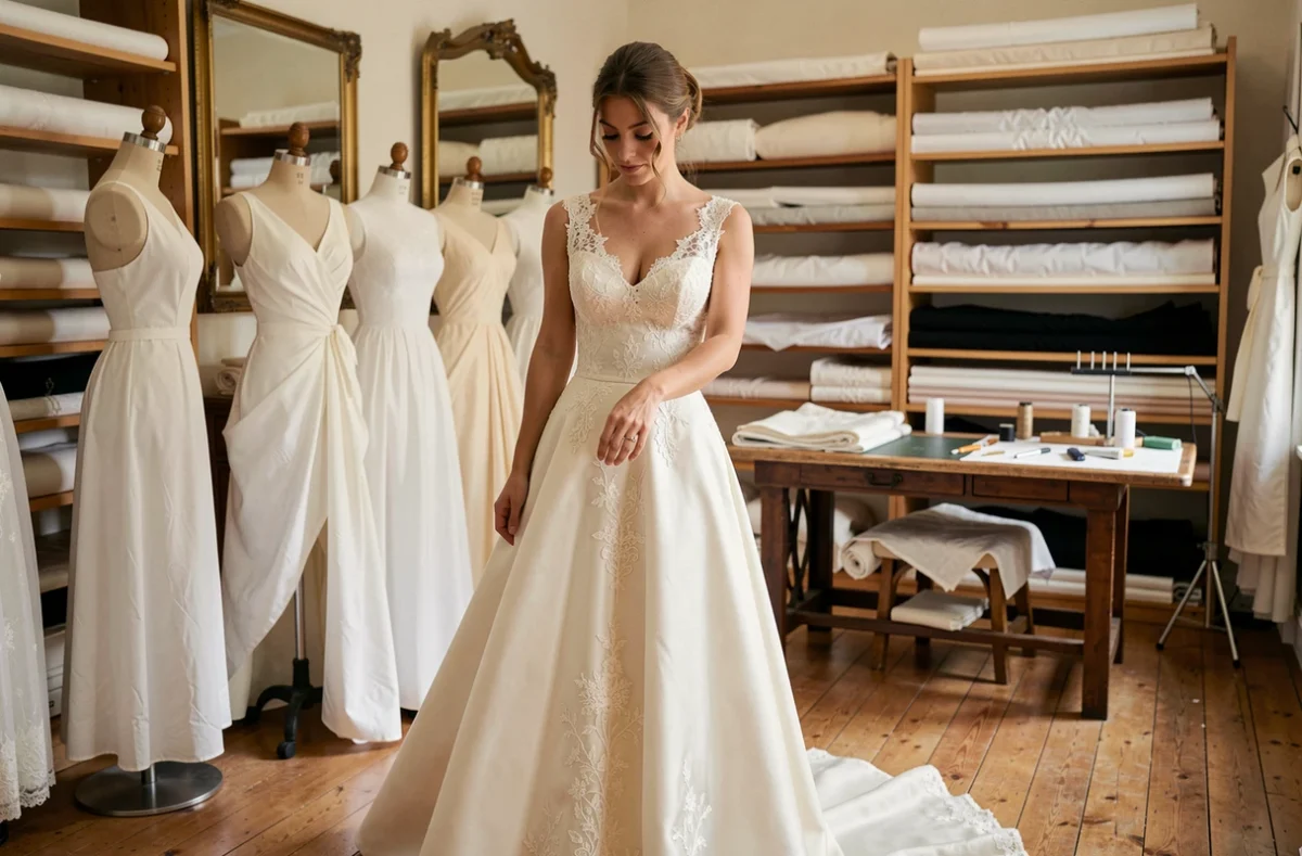 Mariée portant une robe de créateur en soie ivoire dans un atelier de haute couture parisien avec dentelle artisanale
