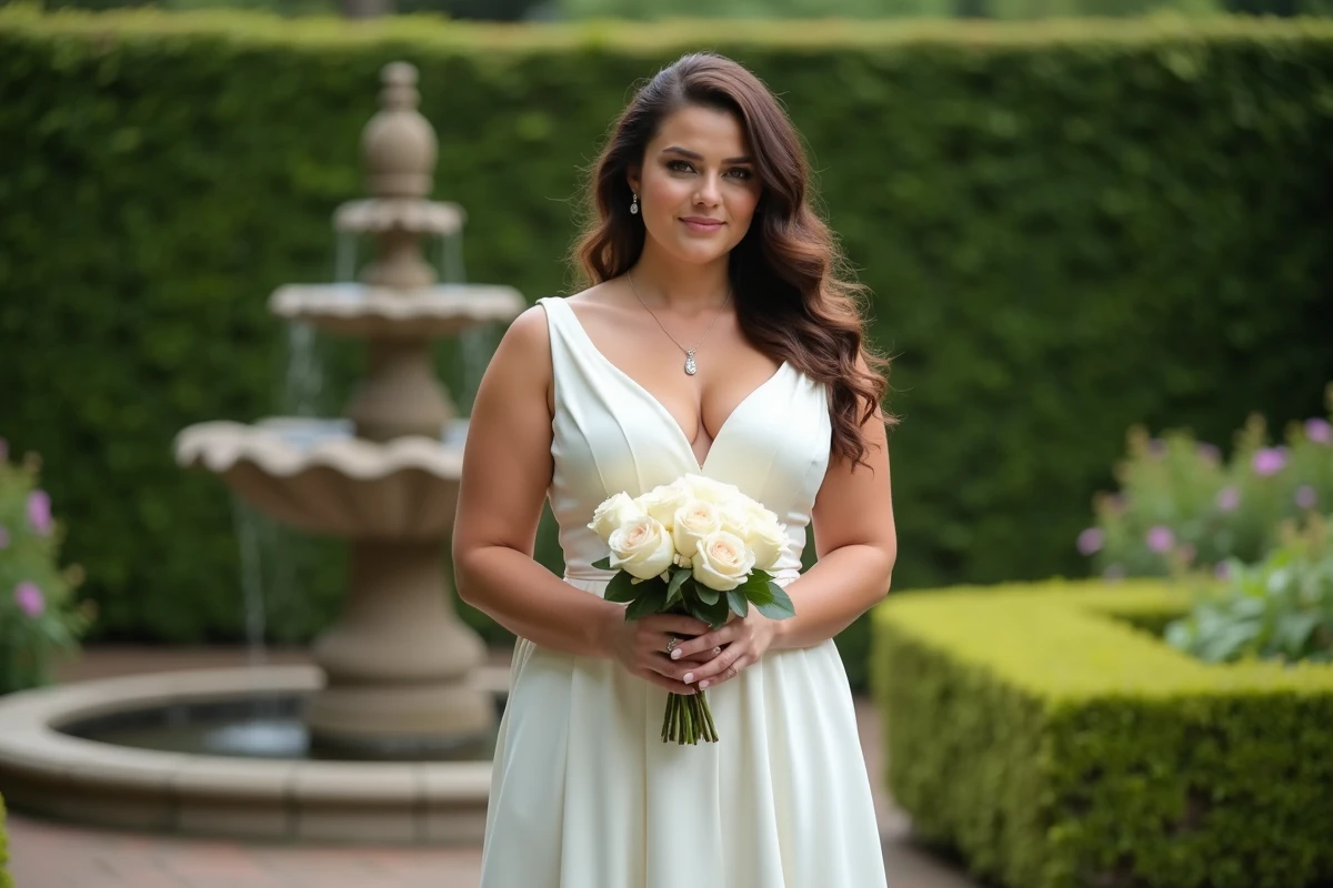Femme ronde en robe de mariée crêpe col A-line dans un jardin botanique avec fontaine en pierre