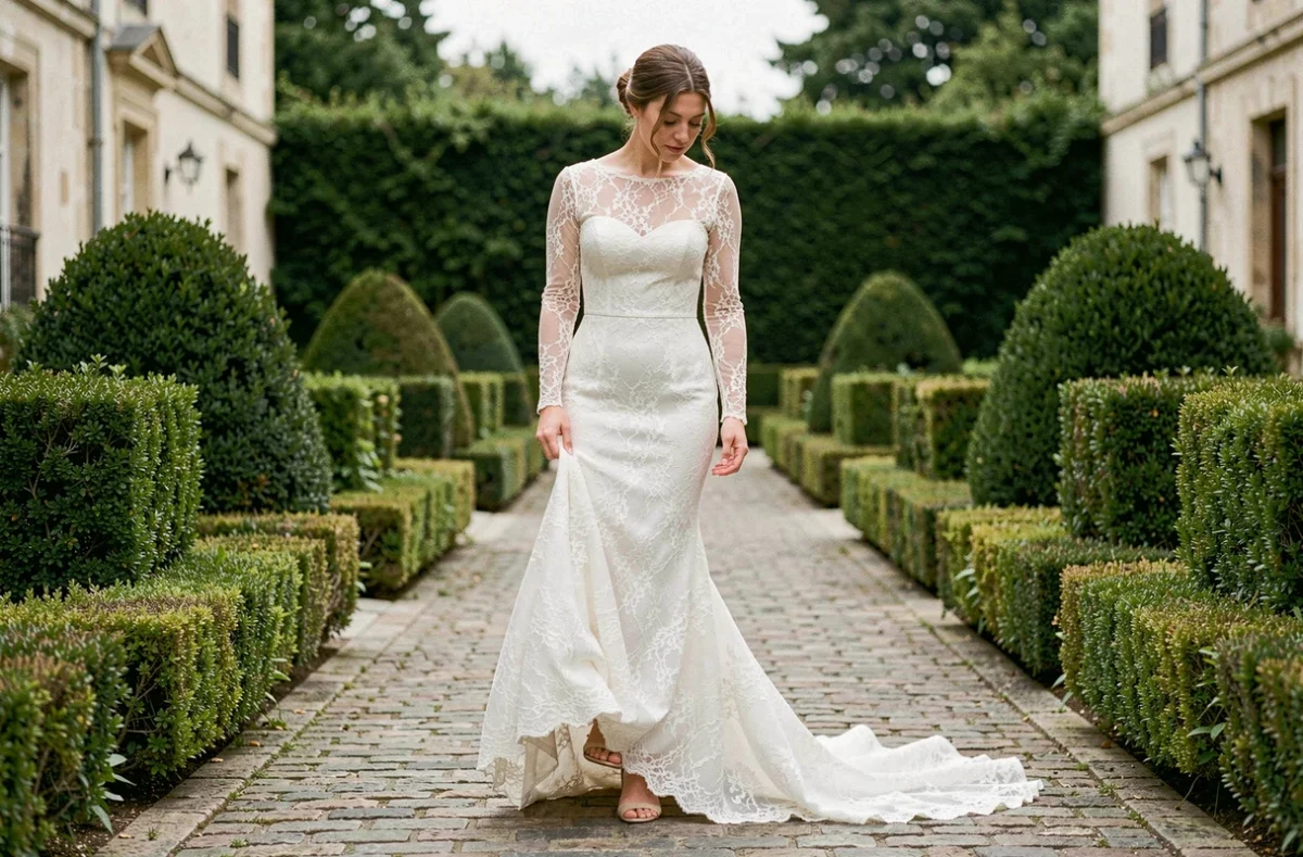 Mariée en robe de dentelle à manches longues dans un jardin de château français, révélant une erreur de style au niveau de l'ourlet