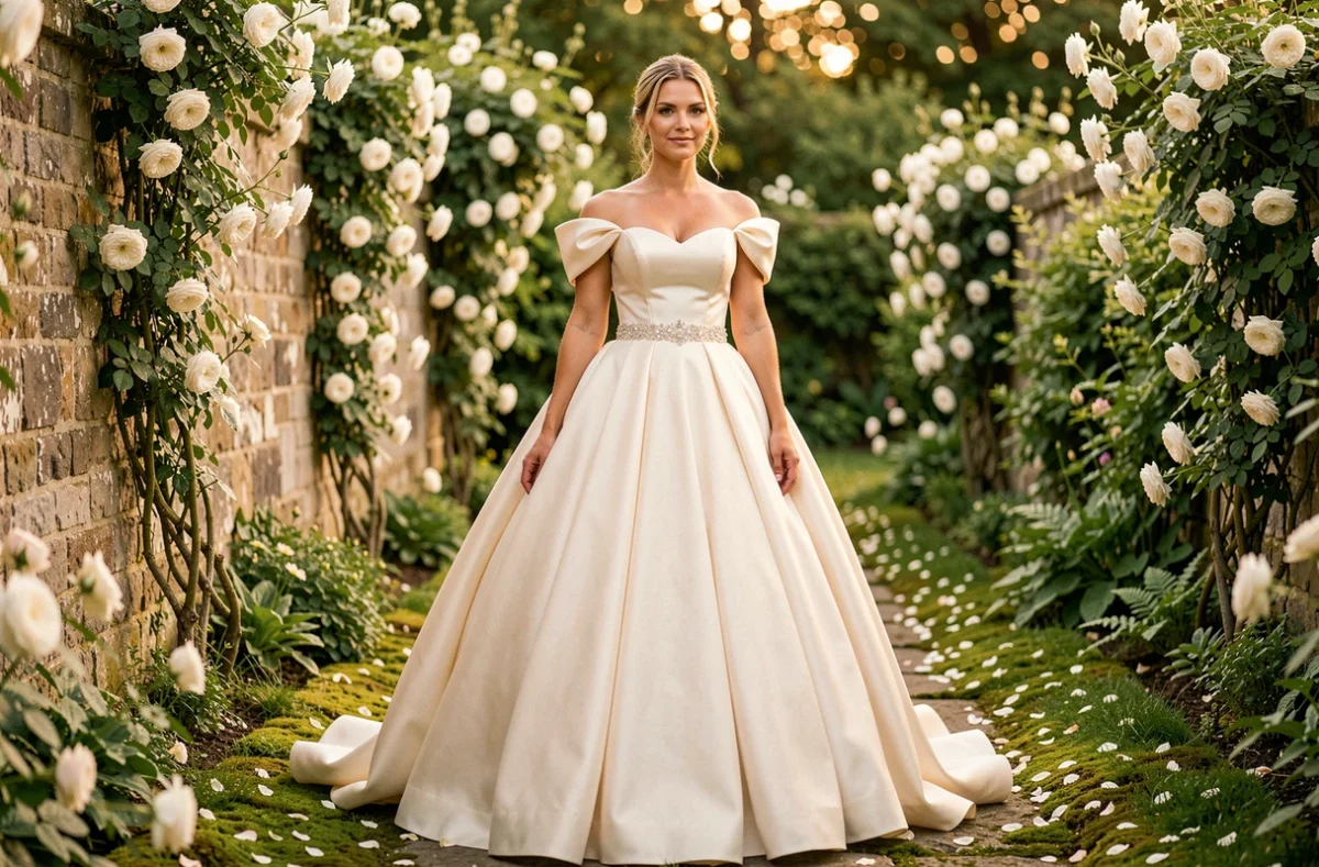 Mariée en robe de mariée ivoire princesse à manches bouffantes dans un jardin fleuri romantique