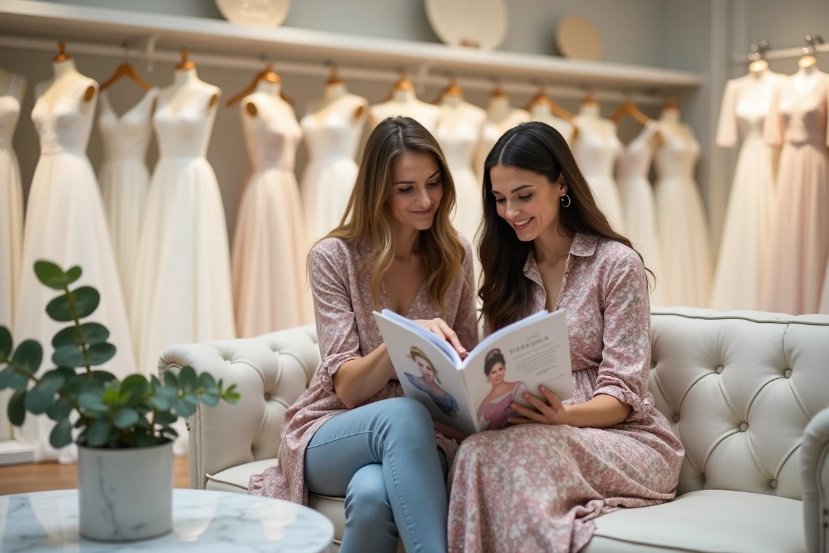 Consultante et future mariée feuilletant un catalogue de robes de mariée pas chères dans un showroom moderne à Lyon
