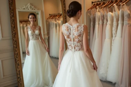 Jeune mariée essayant une robe de mariée ivoire dans une boutique de robes de mariée à Lyon, reflet dans un grand miroir élégant