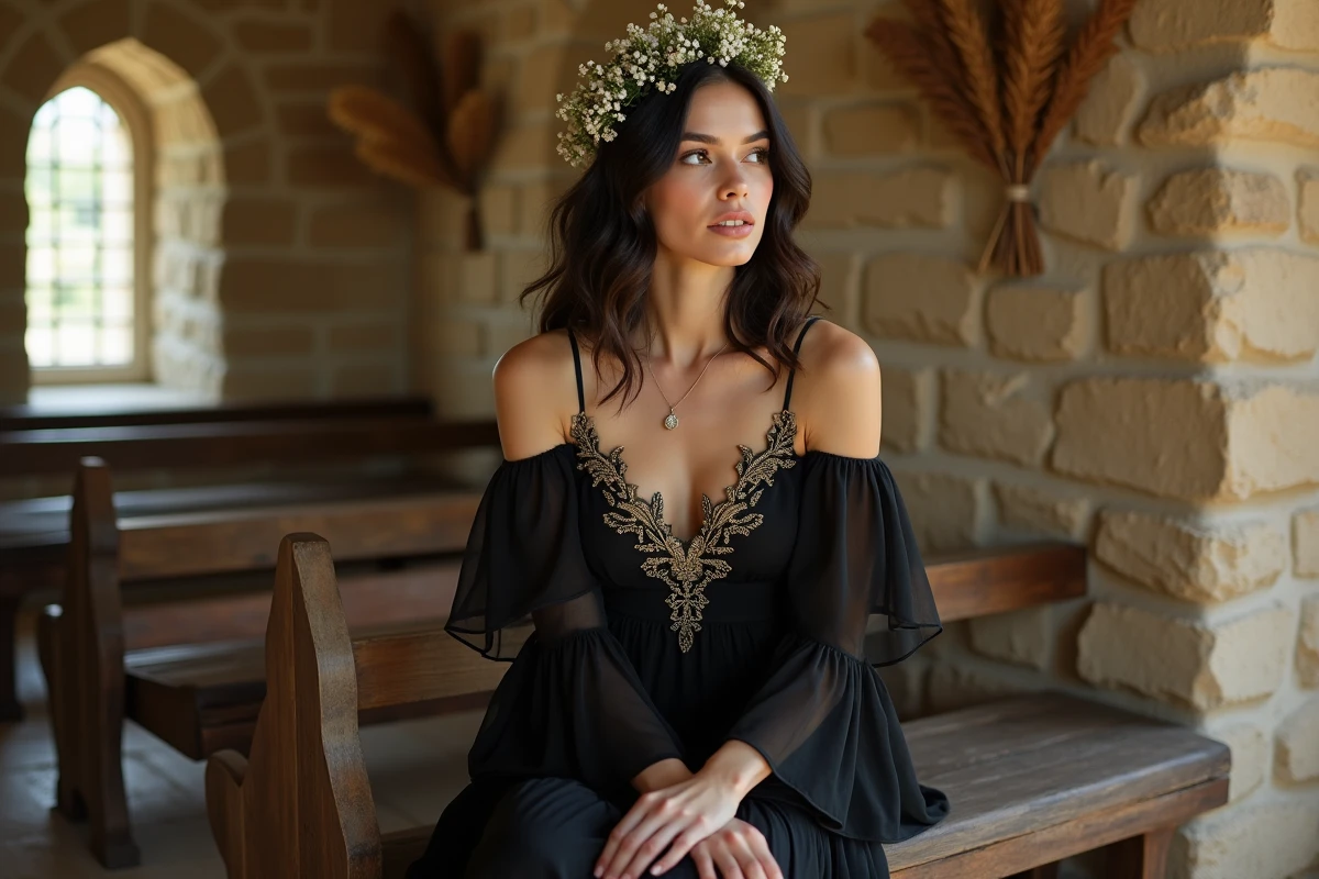 Mariée en robe noire bohème à épaules dénudées avec couronne florale dans une chapelle de campagne en pierre