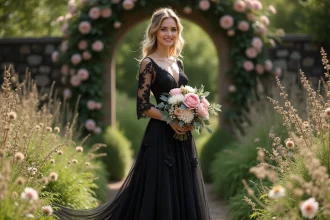 Mariée en robe de mariée noire bohème avec dentelle et bouquet de pivoines dans un jardin fleuri romantique