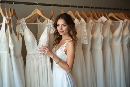 Femme examinant une robe de mariée d'occasion dans une boutique de robes de mariée vintage, comparant la qualité du tissu en dentelle