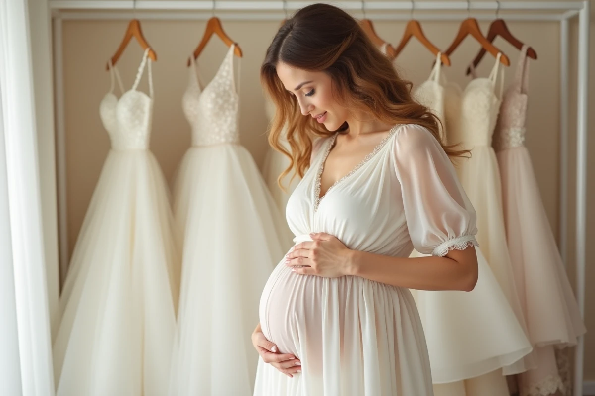 Future mariée enceinte essayant une robe de mariée pas chère à taille empire dans une boutique de mariage élégante