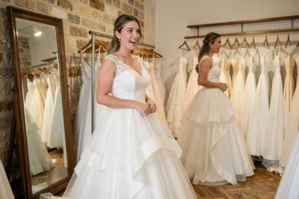 Jeune mariée essayant une robe de mariée pas chère dans une boutique parisienne de mariage de dernière minute