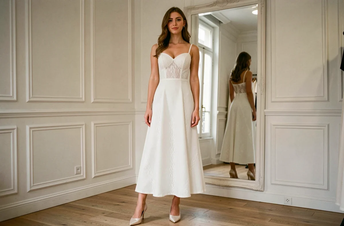 Jeune femme petite en robe de mariée en dentelle coupe A-line portée avec des escarpins ivoire dans une boutique parisienne élégante