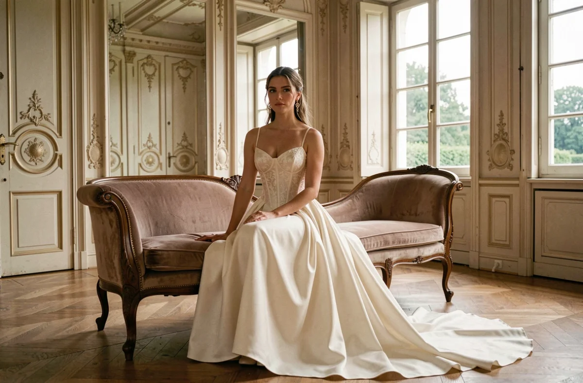 Mariée petite en robe de style vintage à biais assise sur une chaise longue dans un château français aux moulures dorées