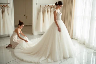 Mariée en robe princesse à longue traîne se faisant arranger la jupe par une assistante dans une boutique de mariage