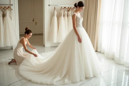 Mariée en robe princesse à longue traîne se faisant arranger la jupe par une assistante dans une boutique de mariage