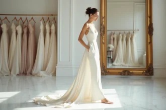 Femme en robe de mariée satin ivoire coupe biais dans un atelier parisien, vue plein pied