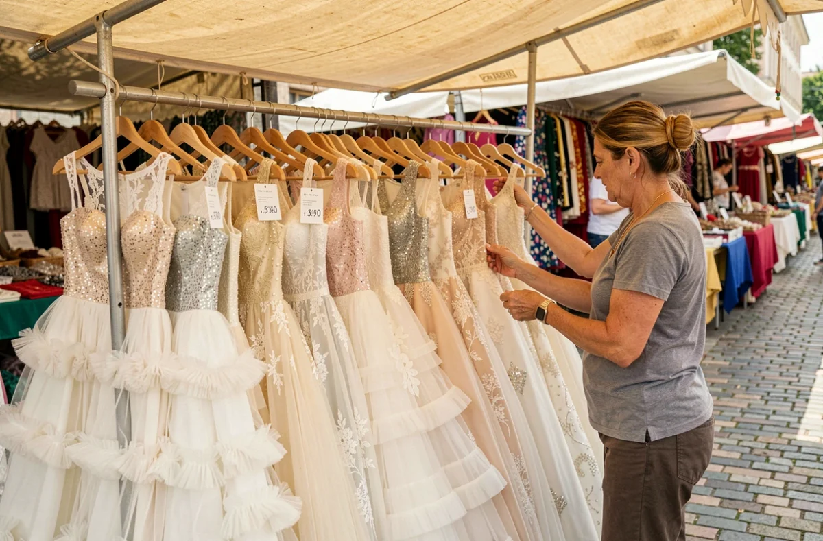 Présentoir de robes de mariage gitanes à volants et sequins sur un marché en plein air avec vendeuse et étiquettes de prix