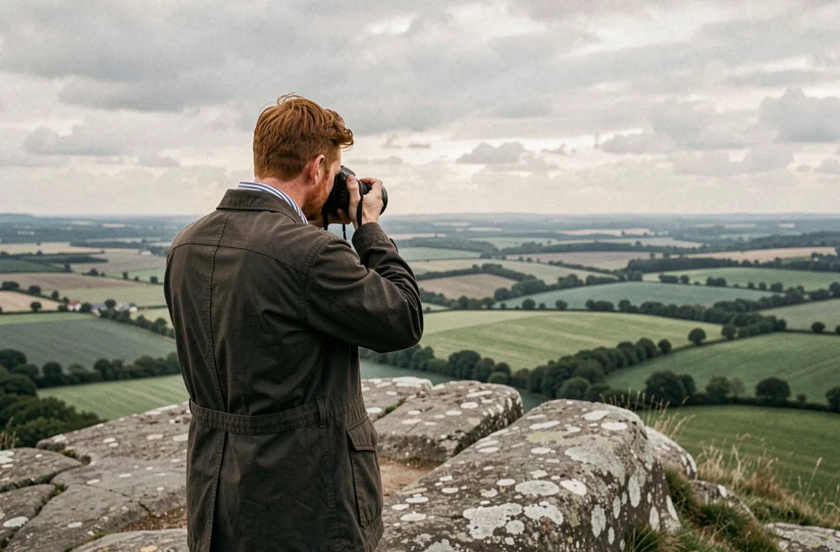 Ronan Jégaden photographiant un couple de dos face au panorama du Morvan en Bourgogne depuis un sommet granitique