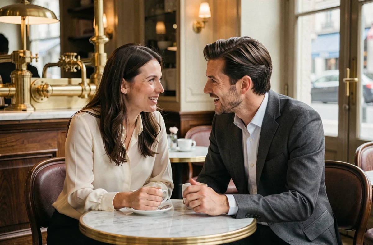 Couple en conversation animée dans une brasserie parisienne classique, ambiance feutrée et décor en laiton, photo illustrant les rumeurs autour du mariage d'Anne-Charlène Bezzina