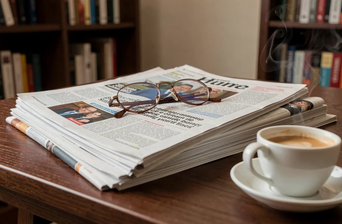 Pile de journaux et magazines ouverts sur un bureau en chêne avec des lunettes de lecture et un café, symbolisant la couverture médiatique des rumeurs de mariage d'Anne-Charlène Bezzina