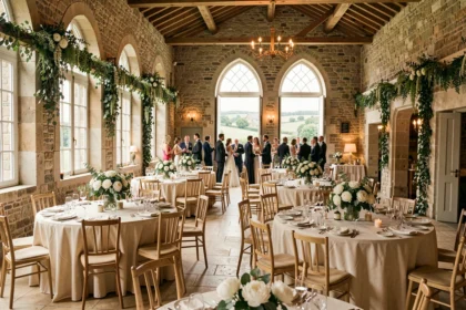 Vue panoramique d'une belle salle de mariage bretonne décorée avec des tables rondes en lin ivoire, des fleurs blanches et des murs en pierre typiques des Côtes-d'Armor