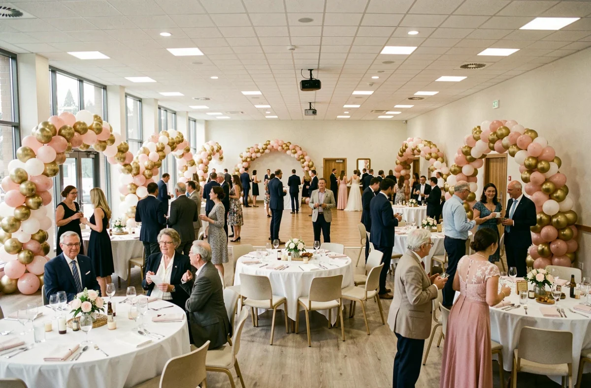 Salle municipale de Plérin décorée pour une réception de mariage avec des tables rondes blanches, des arches de ballons dorés et des invités qui se mêlent joyeusement
