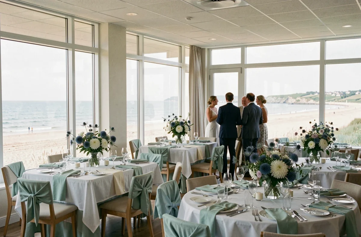 Salle de réception de Plénœuf-Val-André avec grandes fenêtres panoramiques sur la mer, décorée de fleurs marines et de linge en vert océan pour un mariage en bord de côte