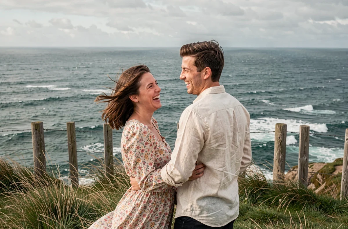 Couple photographié par un professionnel sur les falaises côtières du Pays Bigouden près de Pont-l'Abbé