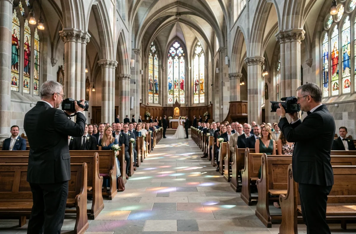 Équipe Sensova Mariage photographiant une cérémonie dans une église gothique à Lyon