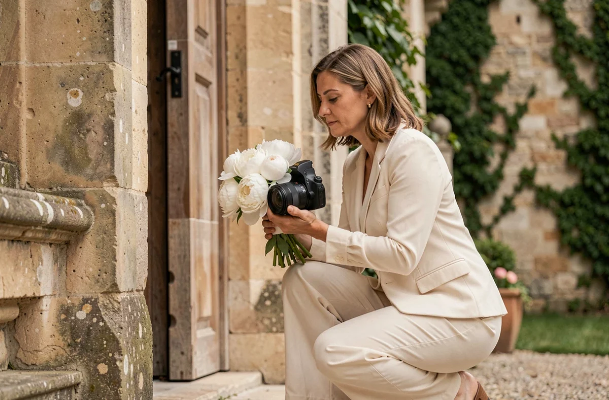 Photographe Sonia Blanc en train de capturer les détails floraux d'un mariage devant un château en pierre de Bourgogne