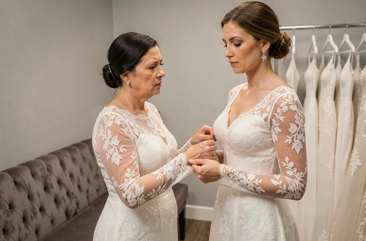Styliste nuptiale ajustant la manche en dentelle d'une robe de mariée, aidant la mariée à corriger une erreur de style avant le jour J