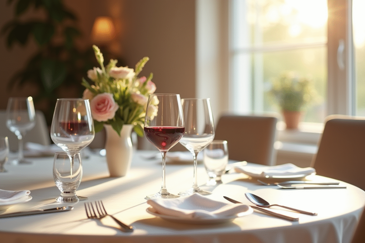 Table élégante avec verre de vin rouge et fleurs fraîches