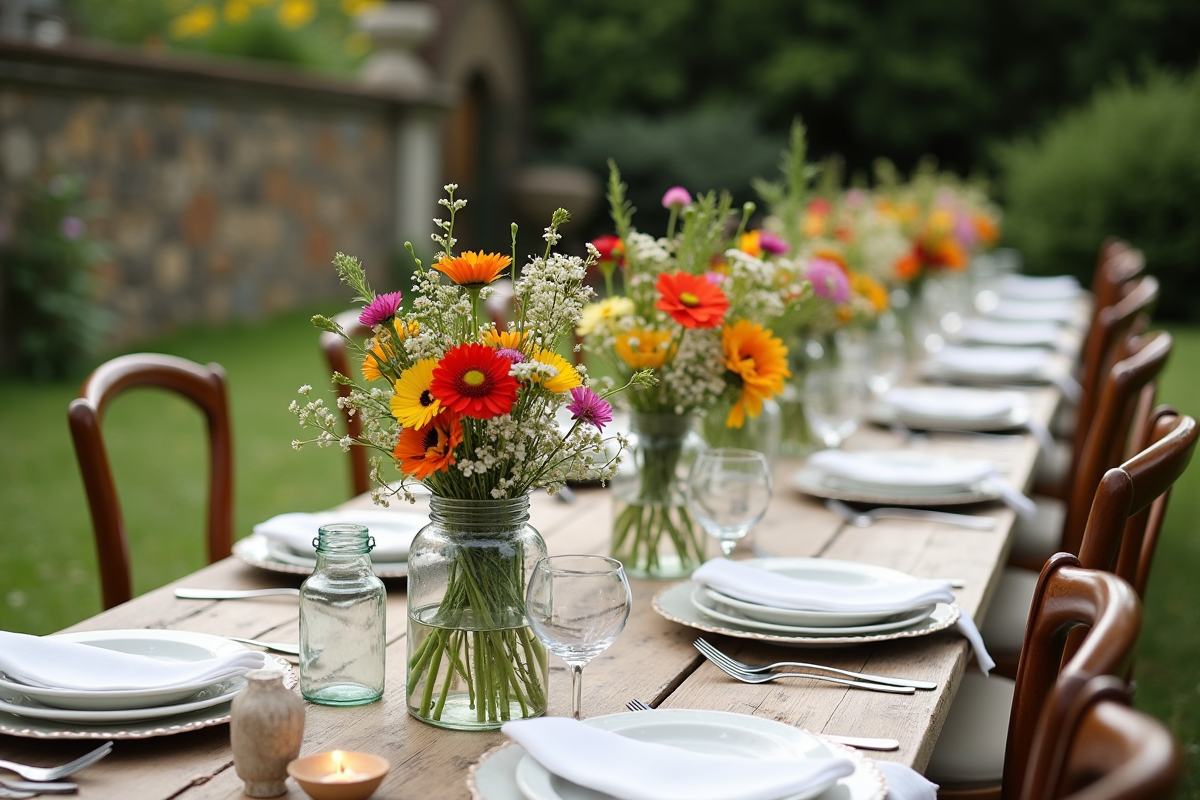 Table de mariage en plein air avec centres de fleurs sauvages