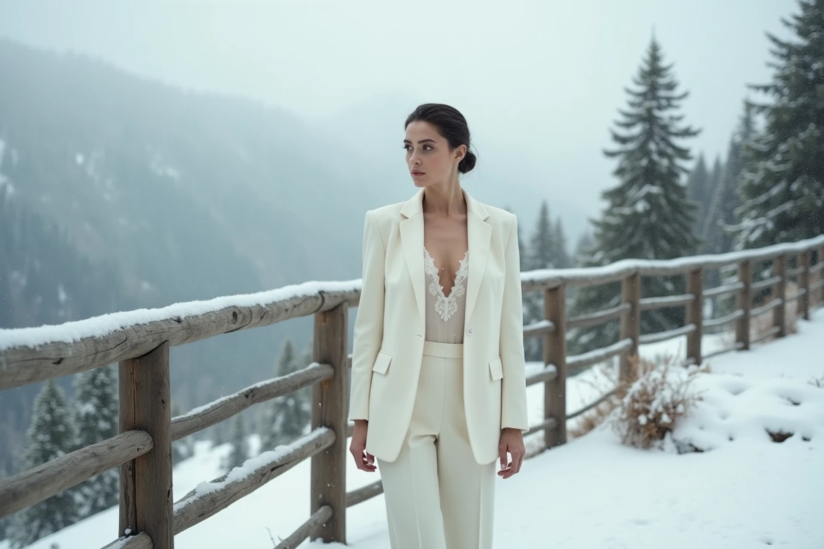 Mariée en tailleur pantalon minimaliste en laine crêpe ivoire sur une terrasse alpine enneigée pour un mariage hivernal chic en 2026
