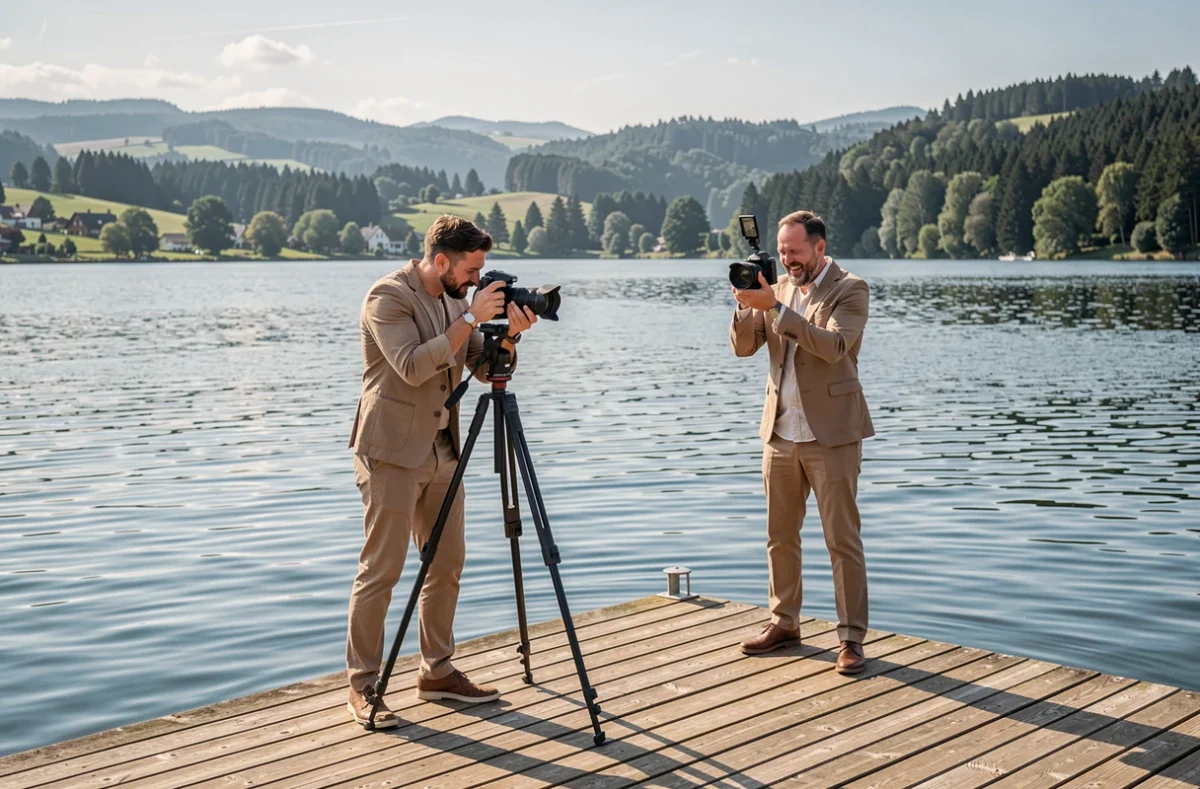 L'équipe de Tails Photographie travaillant en duo lors d'un mariage au bord d'un lac du Jura en Franche-Comté