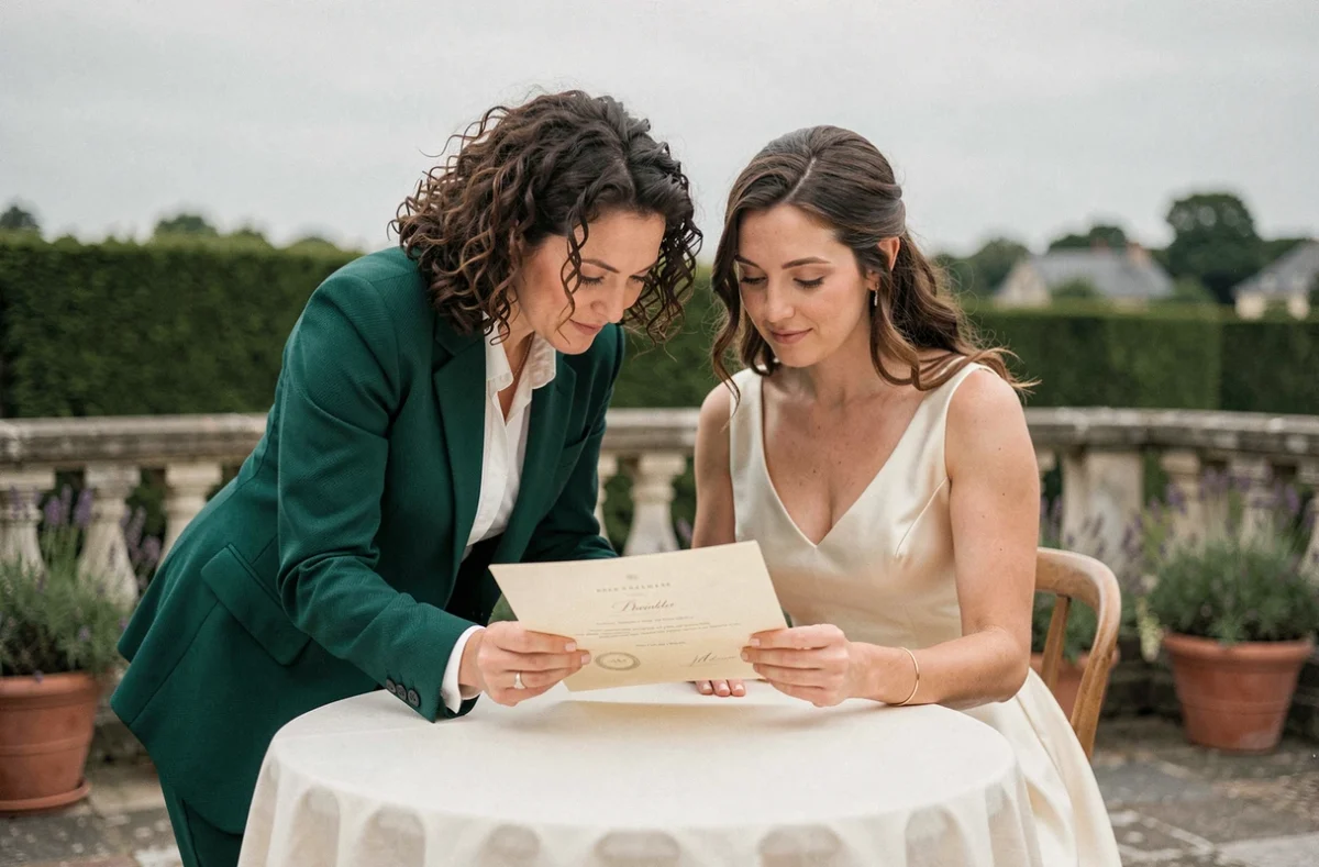 Témoin de mariage et mariée consultant le contrat de mariage dans un jardin de château