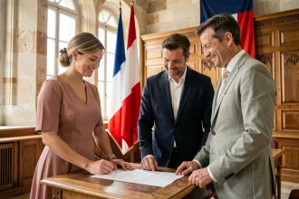 Deux témoins de mariage signant le registre officiel à la mairie aux côtés des mariés