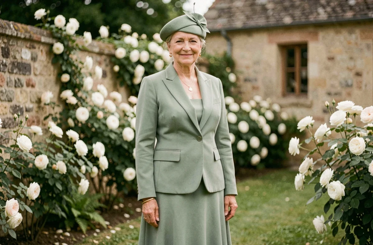 Femme distinguée en tailleur vert sauge deux pièces pour maman de la mariée dans un jardin de mariage champêtre en France