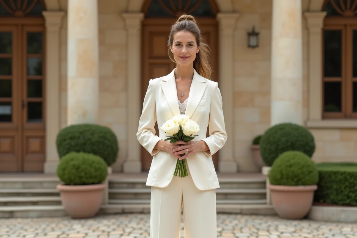 Femme en combinaison pantalon ivoire élégante devant une mairie française pour un mariage civil