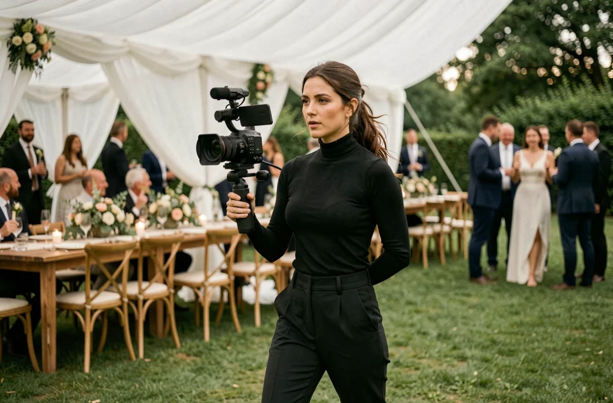 Vidéaste de mariage professionnelle filmant la réception en extérieur avec un stabilisateur gimbal
