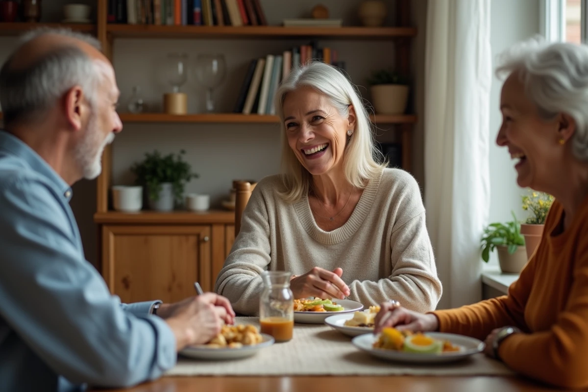 Femme souriante en famille autour d'un repas dans un intérieur chaleureux, ambiance vie privée