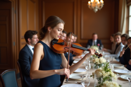 Jeune violoniste en robe bleue joue lors d'un mariage