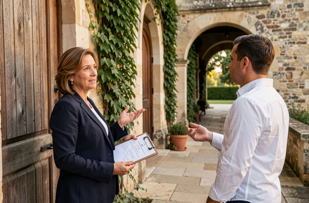 Organisatrice de mariage consultant son planning de soirée avec un membre du personnel dans un château de réception