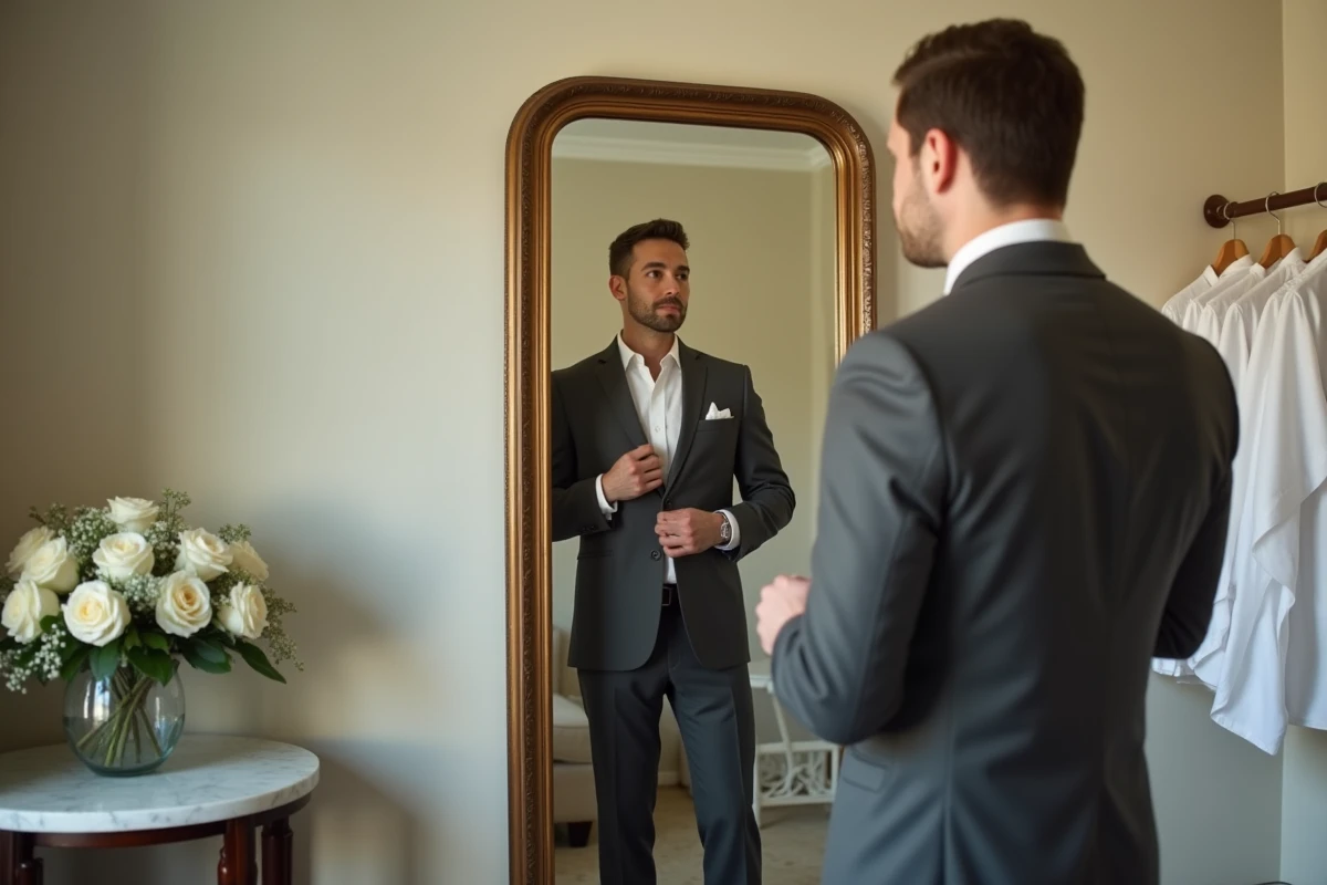 Homme en costume gris se préparant le jour de son mariage devant un miroir doré dans une suite d'hôtel élégante