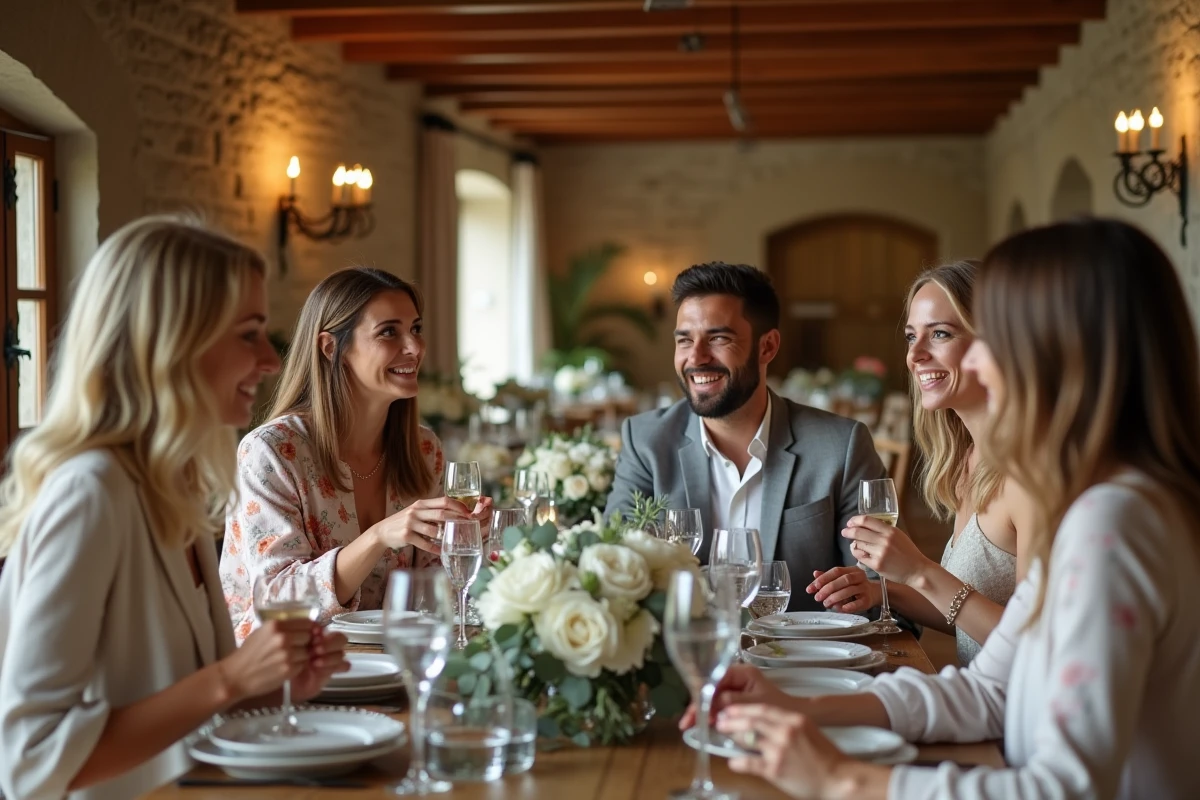 Proches et invités d'un mariage réunis autour d'une table décorée dans une ferme en pierre lors d'une célébration intime