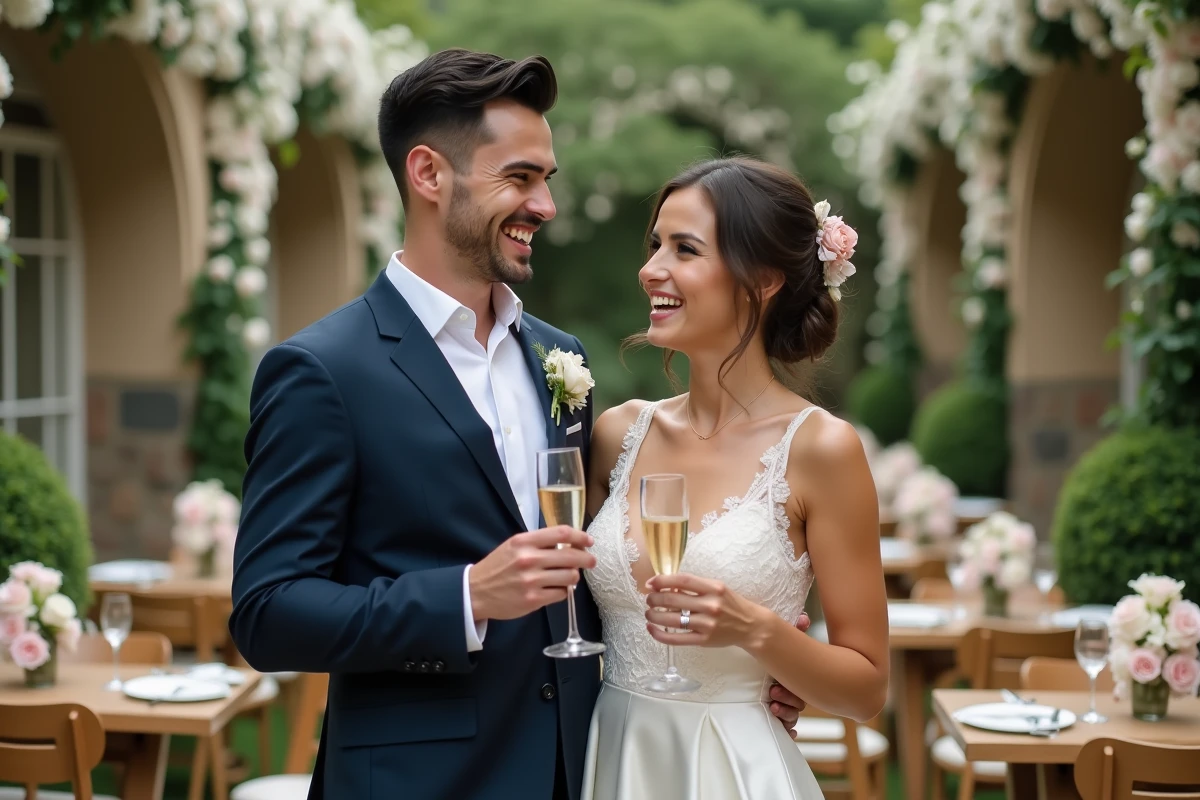 Couple de jeunes mariés riant lors d'une réception de mariage en plein air dans un jardin fleuri avec arches en pierre et roses blanches